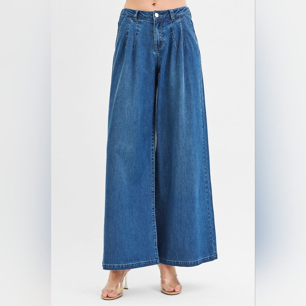RISEN Palazzo Baggy Mid-Rise Pleated Ultra Wide Oversized Leg Jeans Denim Pants - Picture 10 of 16